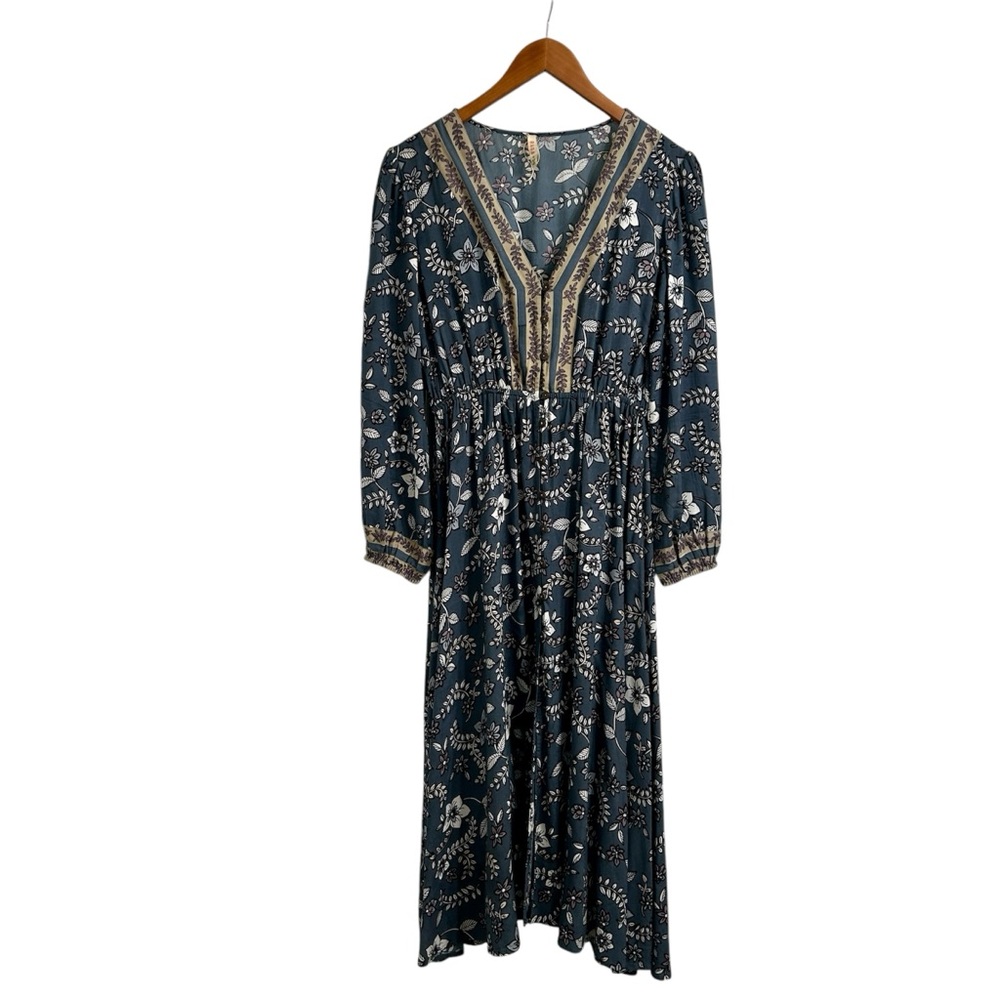 RAGA Anthropologie Long Sleeve Dress, Floral Grey Button Down V-Neck Midi, Small